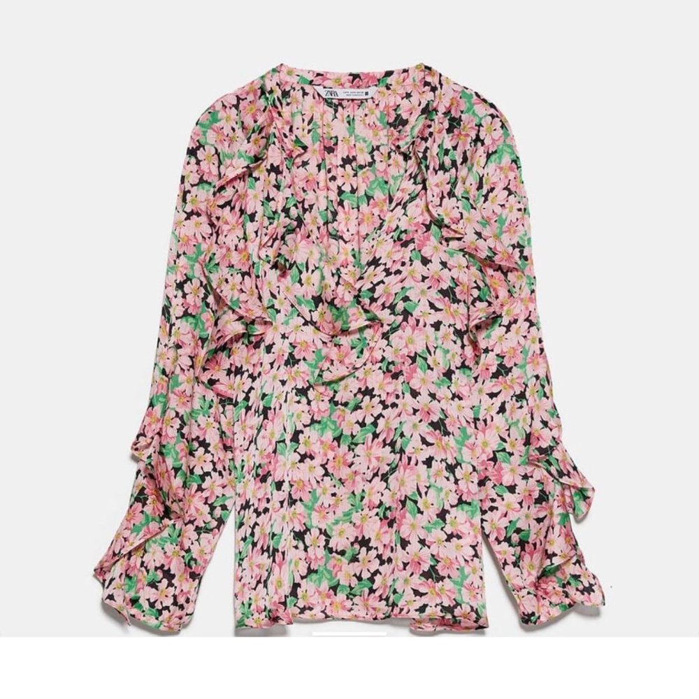ZARA Women's Size Medium Pink Floral Long Sleeve V-Neck Ruffle Loose Blouse Top - Picture 2 of 11